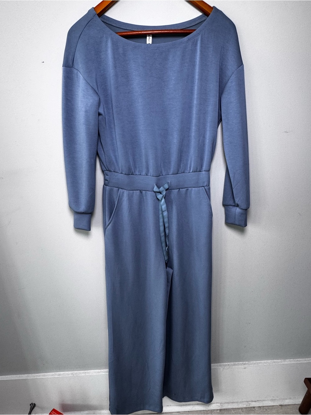 Blue Buttery Soft Wide Leg Lounge Jumpsuit Pockets Long Sleeve XS Small Women’s
